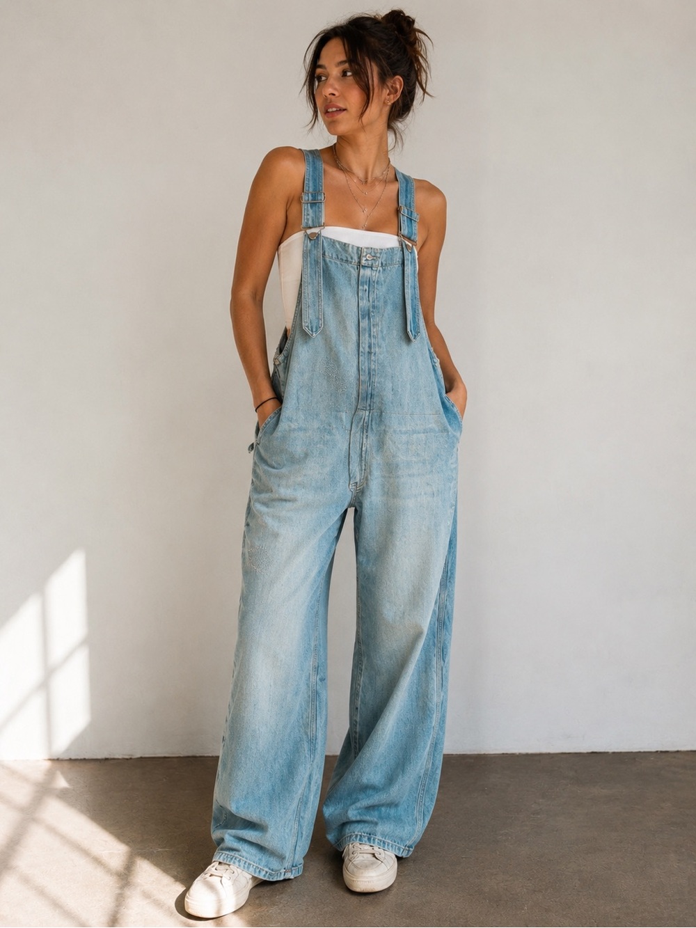 We The Free by Free People Light Wash Denim Overalls | Size M | Wide Leg
